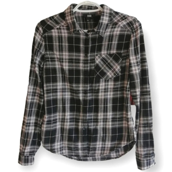 PAIGE Heritage Plaid Flannel Button Up in Black,  White, and Rosewater Pink XS - Picture 2 of 14